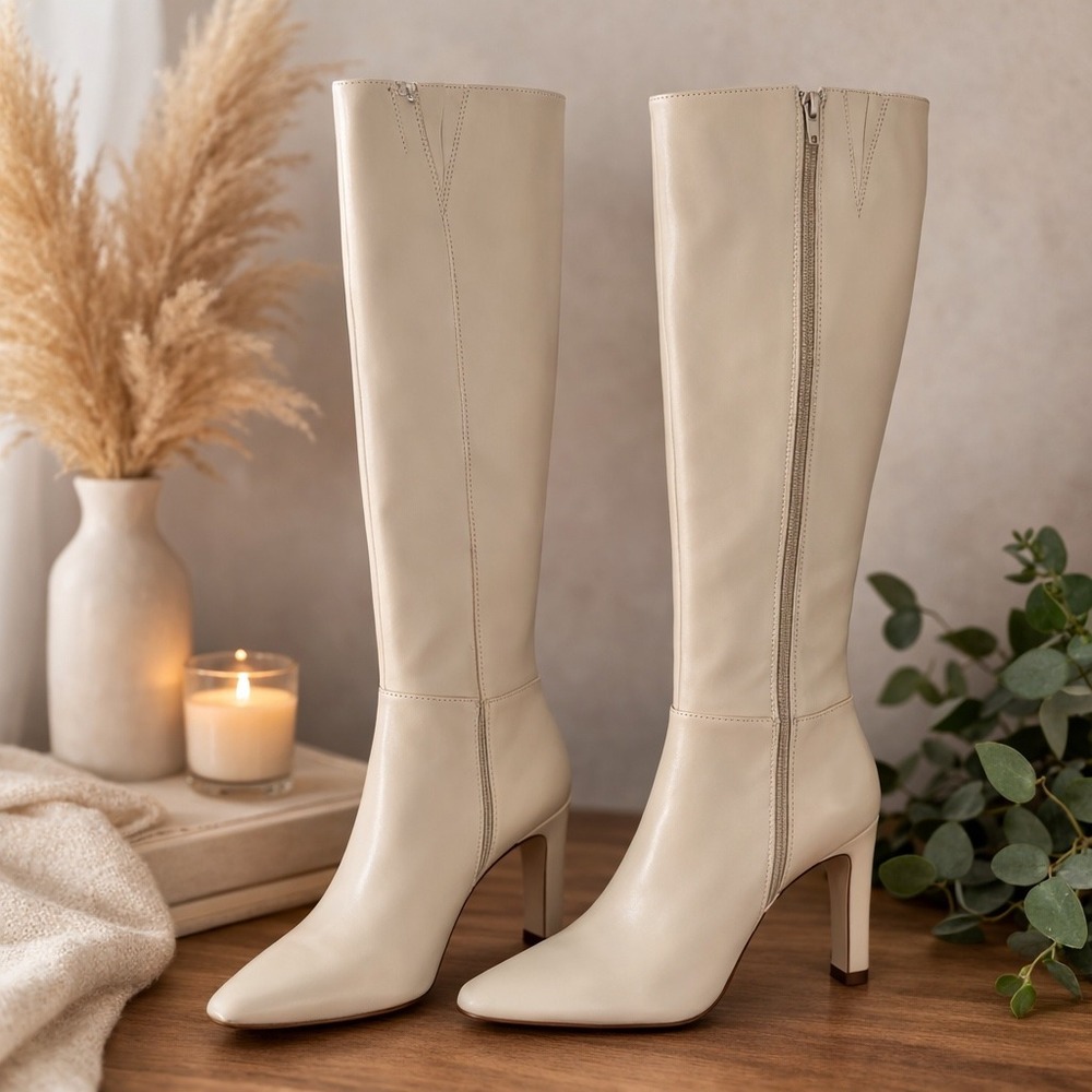 Ivory Bone Knee High Boots 8.5 Tall Heel Minimalist Old Money Aesthetic